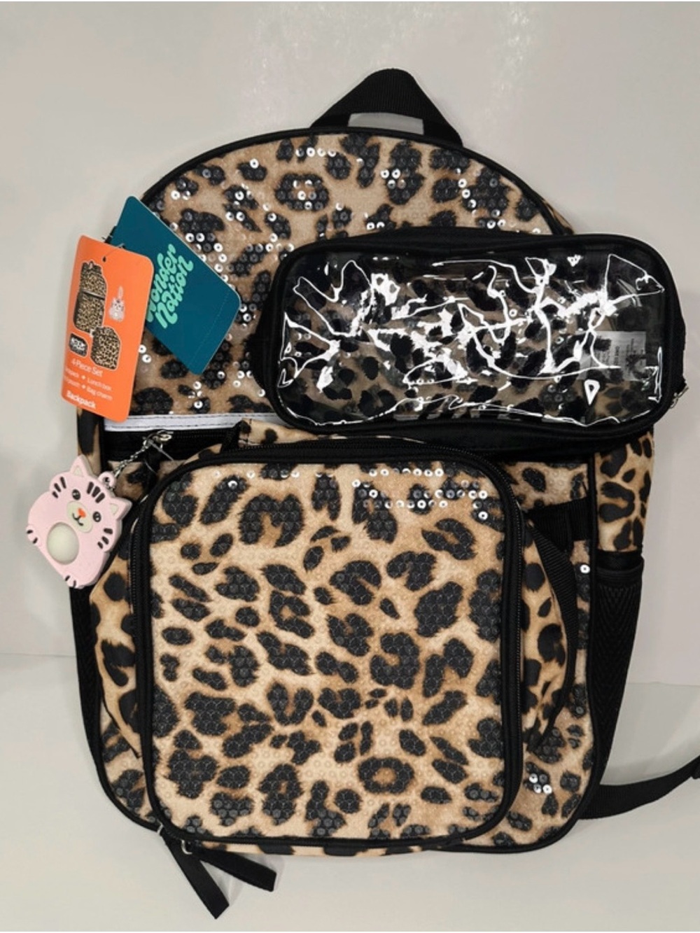 wonder nation Leopard Print Kids Backpack with Clear Front Pouch - Tan/Black